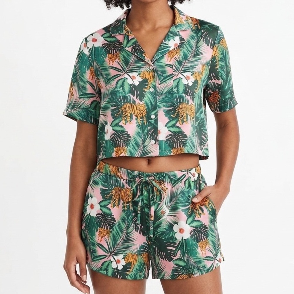 Cynthia Rowley Sleepwear Pink Tiger Tropical Palm Pajama Set Womens Medium 2pc